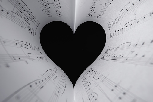 Horizontal shot of heart music notes. The black and white concept of the love of music.